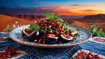 Fig and Pomegranate Salad with Mint on Decorative Plate Setting photo
