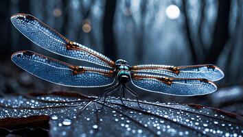 Dragonfly Resting on Dewy Leaf in Dark Forest Setting Macro photo