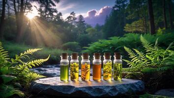 Botanical Extracts in Glass Bottles with Nature Background Scene photo