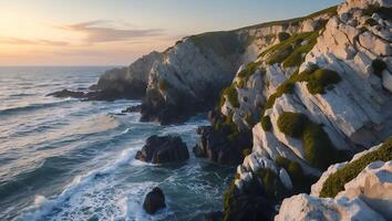 Waves Crashing on Rocky Coastline at Sunset with Cliffside Vegetation photo