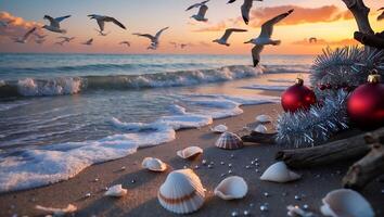 Seagulls Fly Over Beach with Christmas Ornaments During Sunset photo