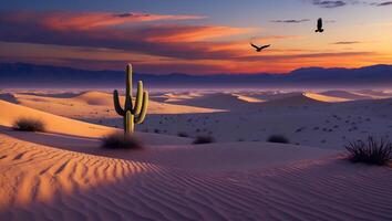 Cactus in Desert Sand Dunes with Colorful Sunset Sky Birds Flying photo