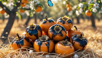 Pile of Persimmons with Drizzled Topping in Orchard with Butterfly photo