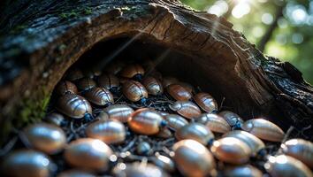 Insects Gathering Inside a Hollow Log in a Forest Clearing photo