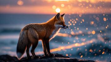 Fox Standing on Rock Overlooking Water with Golden Light at Sunset photo