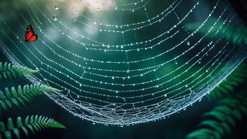 Intricate Spiderweb with Water Droplets and Butterfly in Forest photo