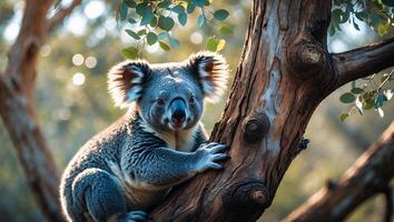 Koala Bear Climbing Tree Branch with Green Leaves and Soft Lighting photo