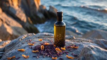 Glass Bottle on Rock with Flower Petals Near Ocean Water photo