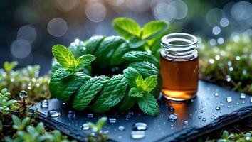 Mint Leaves and Jar with Liquid on Slate with Water Drops photo