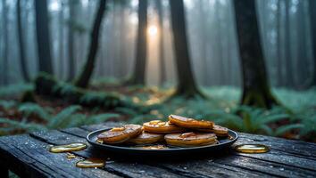 Stack of Pancakes with Syrup on Wooden Table in Forest Scene photo