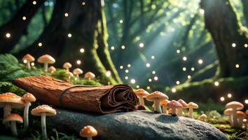 Rolled Bark Message on Rock Surrounded by Mushrooms in Forest photo