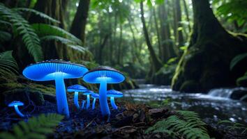 Glowing Mushrooms in Forest with Stream Tranquil Nature Scenery photo