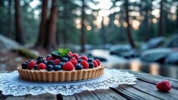 Berry Tart on Rustic Table by River in Woodland Setting photo