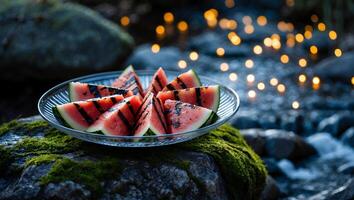 Grilled Watermelon Slices on Glass Plate Resting on Mossy Rock photo