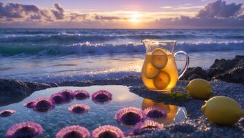 Refreshing Lemonade on Beach at Sunset with Purple Flowers Reflection photo