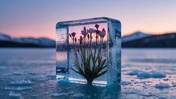 Flower Frozen in Ice Cube on Frozen Lake at Sunset photo