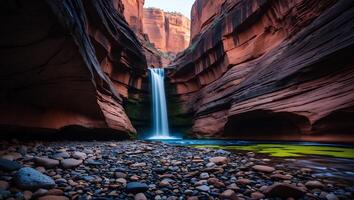 Waterfall Flowing Through Canyon with Rocks and Green Water Scene photo