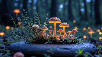 Glowing Mushrooms Growing on Stone in Enchanted Forest Landscape Scene photo
