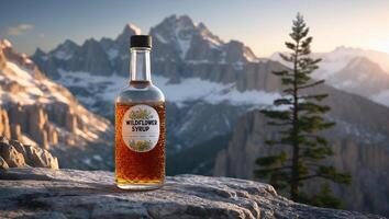 Bottle of Golden Syrup on Rocky Peak with Mountain Backdrop photo