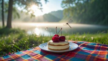 Enjoying Cherry Cake at Lakeside Picnic with Insects on Summer Morning photo