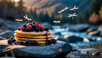 Pancake Stack Topped with Berries on a Rock by a River photo