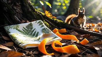 Squirrel Searching for Food in Forest Next to Fern Napkin photo