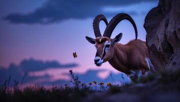 Oryx Gazella with Butterfly in Dreamy Landscape at Dusk photo