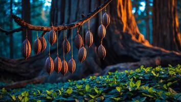 Hanging Pods on Branch in Forest Sunlight Dappled Greenery Floor photo