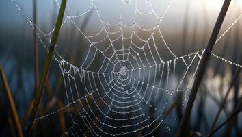 Dew Covered Spiderweb Weaving Between Reeds in Early Morning Light photo