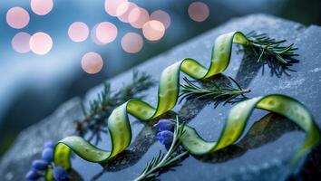 Elegant Cucumber Ribbon with Rosemary and Bluebells on Dark Stone photo