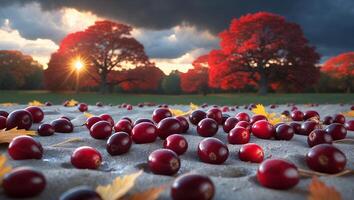 Gathered Cranberries on Surface with Autumn Landscape and Sunset photo