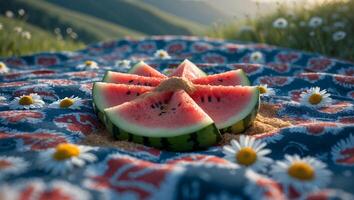 Watermelon Slices on Blanket with Daisies in Summer Meadow Setting photo