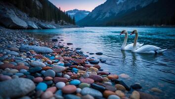 Swans Swimming on a Lake Surrounded by Mountains and Stones photo