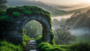 Mossy Stone Archway and Path Leading to Foggy Rolling Hills photo