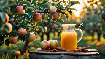 Apple Juice Pitcher in Orchard Setting with Ripe Apples and Cinnamon photo