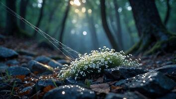 Tiny White Flowers Growing on Rock in Forest with Sunbeams photo
