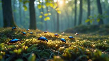 Group of Beetles Foraging in a Misty Forest Illuminated by Sunlight photo