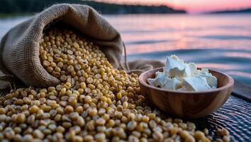 Corn Kernels in Burlap Sack and Cream Cheese Bowl Outdoors photo