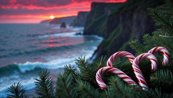 Festive Candy Canes on Evergreen Boughs at Coastal Sunset photo