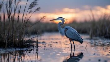 Heron Standing in Shallow Water at Sunrise with Reflection photo