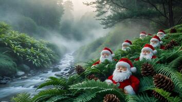 Figures in Red Suits with River View Surrounded by Forest Ferns photo