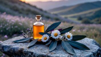 Essential Oil Bottle with Flowers on Stone Overlooking Lavender Field photo