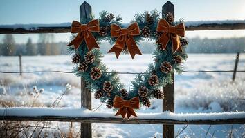 Hanging Heart-shaped Holiday Wreath on Rustic Fence in Snowy Landscape photo