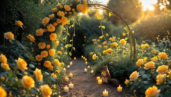 Squirrel in Enchanted Rose Garden Path Lit by Glowing Candles photo