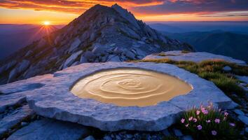 Mountain Peak Reflecting Sunrise Light Onto a Stone Pool Formation photo