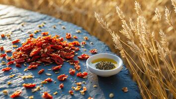 Sun Dried Tomatoes with Herbs and Oil on Slate Surface photo