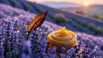 Swirl of Creamy Texture Displayed Amid Lavender Field at Sunset photo