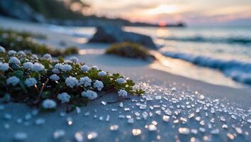 White Flowers on Beach Sand During Sunset with Ocean Waves photo