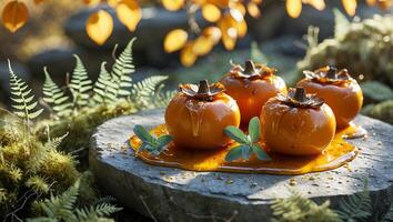 Arrangement of Persimmon Fruit with Honey on Stone Slab Outdoors photo
