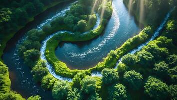 Aerial View of Winding River Through Forest with Sunlight Streaming Through photo